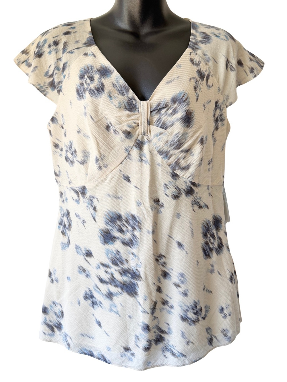 Nine West Blue Floral V-Neck Flutter Sleeve Top Womens Size 4 Cap Sleeve Y2K New